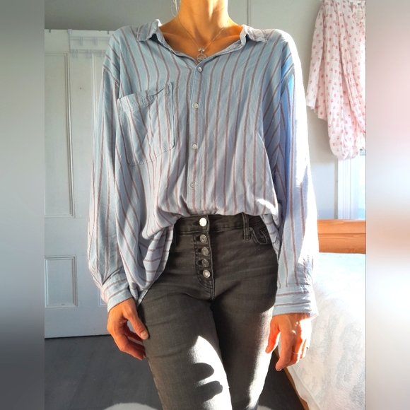Oversized Striped Button Shirt Gorgeous Fabric Loose & Flowy Lrg 100% Rayon - Picture 10 of 16